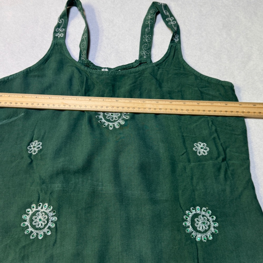 Raya Sun Embroidered Shift Dress Womens M Green Boho Beaded Cottagecore Festival - Picture 4 of 7